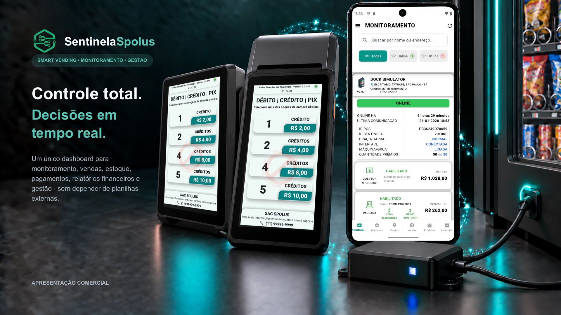 Ecossistema Sentinela Spolus com terminais de vending, monitoramento e gestão conectados